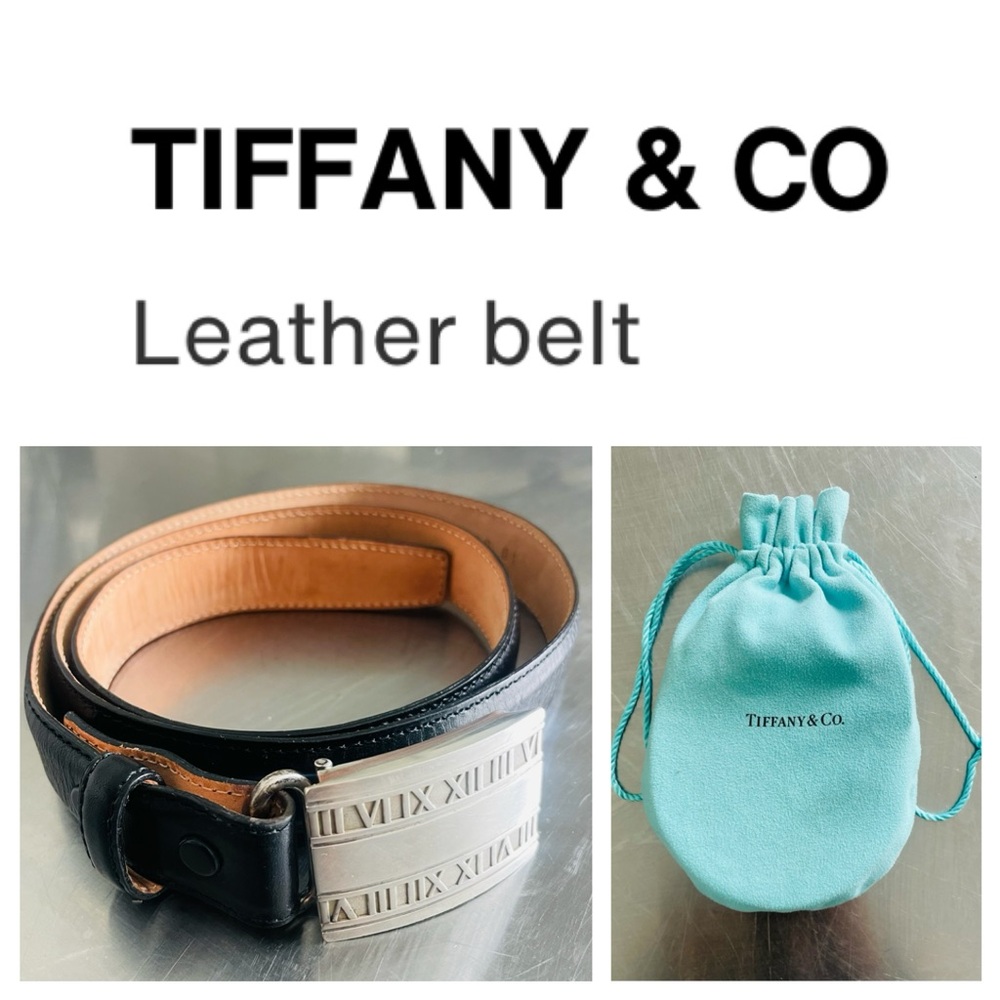 TIFFANY & CO. Men’s STERLING SILVER Belt Buckle & Calfskin Leather & Dust Bag